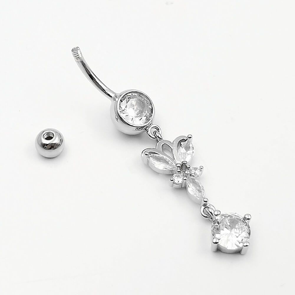 Arardo Sterling Silver Dangle Belly Button Rings, Real 925 Sterling Silver Belly Rings, 14G Long Dangle Sterling Silver Navel Piercing Rings, Round CZ Dangle Butterfly, SS63