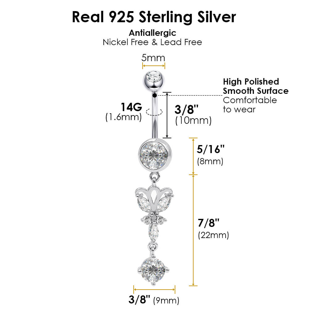 Arardo Sterling Silver Dangle Belly Button Rings, Real 925 Sterling Silver Belly Rings, 14G Long Dangle Sterling Silver Navel Piercing Rings, Round CZ Dangle Butterfly, SS63