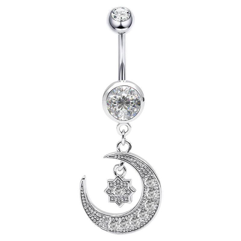 Arardo Sterling Silver Dangle Belly Button Rings, Real 925 Sterling Silver Belly Rings, 14G Long Dangle Sterling Silver Navel Piercing Rings, Dangle Moon and Star, SS64