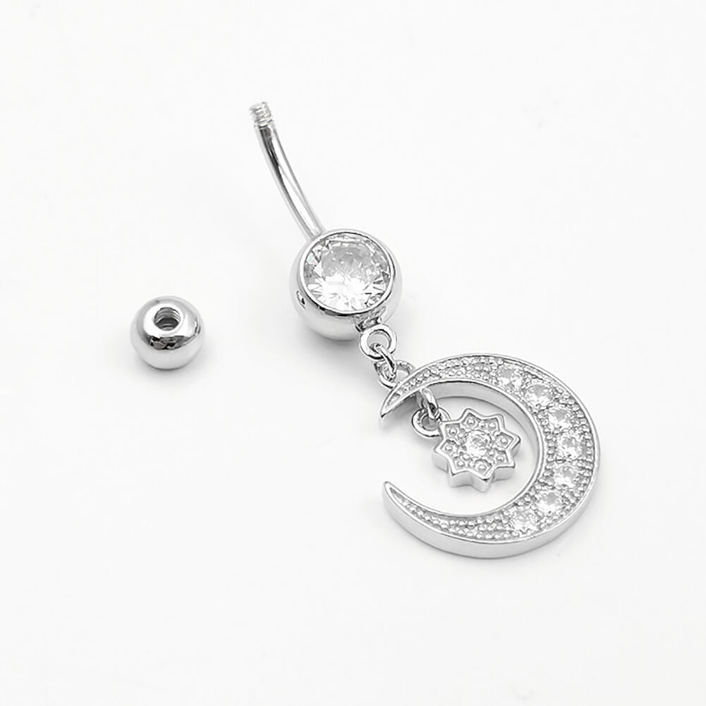 Arardo Sterling Silver Dangle Belly Button Rings, Real 925 Sterling Silver Belly Rings, 14G Long Dangle Sterling Silver Navel Piercing Rings, Dangle Moon and Star, SS64