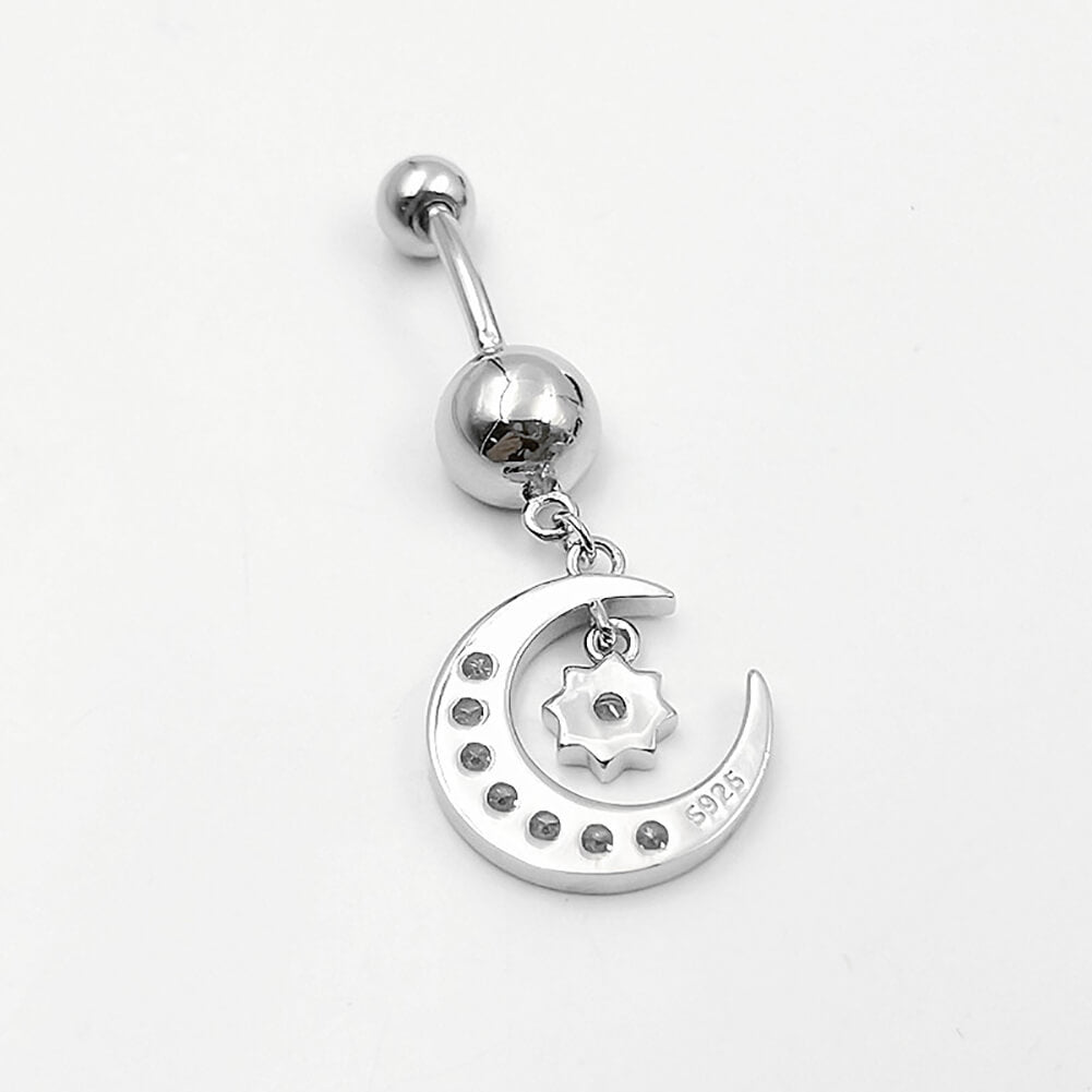 Arardo Sterling Silver Dangle Belly Button Rings, Real 925 Sterling Silver Belly Rings, 14G Long Dangle Sterling Silver Navel Piercing Rings, Dangle Moon and Star, SS64