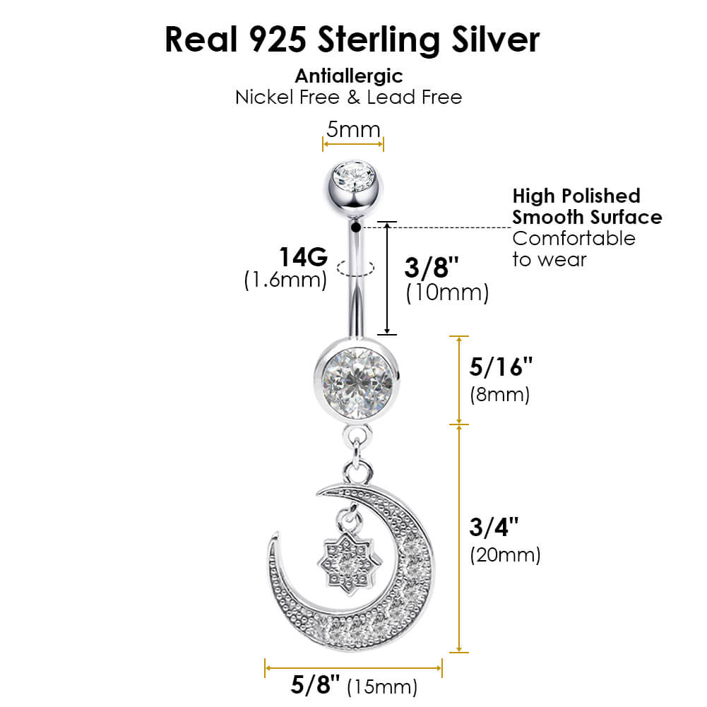 Arardo Sterling Silver Dangle Belly Button Rings, Real 925 Sterling Silver Belly Rings, 14G Long Dangle Sterling Silver Navel Piercing Rings, Dangle Moon and Star, SS64