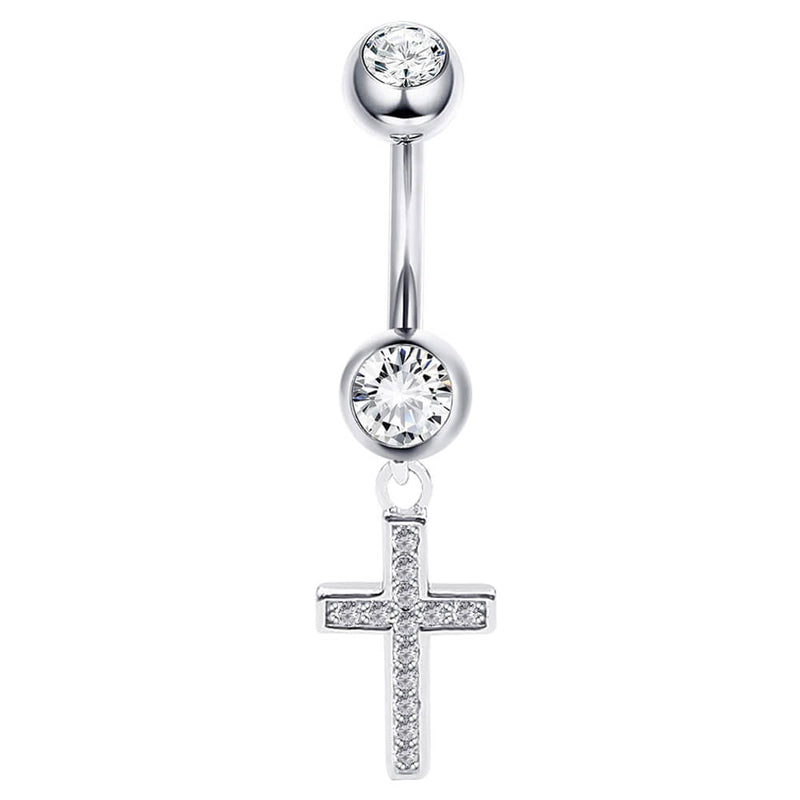 Arardo Sterling Silver Dangle Belly Button Rings, Real 925 Sterling Silver Belly Rings, 14G Long Dangle CZ Cross,Sterling Silver Navel Piercing Rings