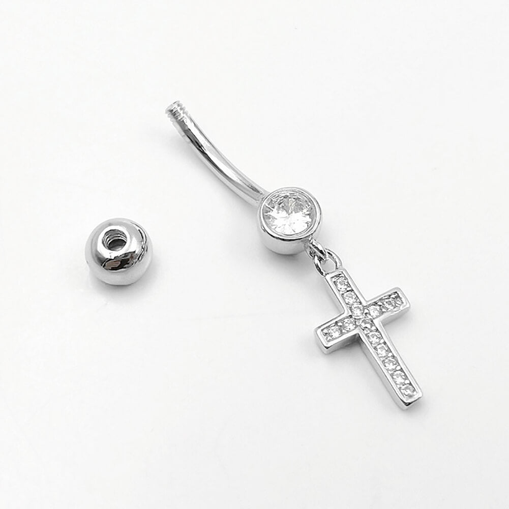 Arardo Sterling Silver Dangle Belly Button Rings, Real 925 Sterling Silver Belly Rings, 14G Long Dangle CZ Cross,Sterling Silver Navel Piercing Rings