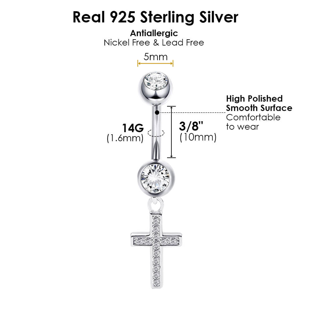 Arardo Sterling Silver Dangle Belly Button Rings, Real 925 Sterling Silver Belly Rings, 14G Long Dangle CZ Cross,Sterling Silver Navel Piercing Rings