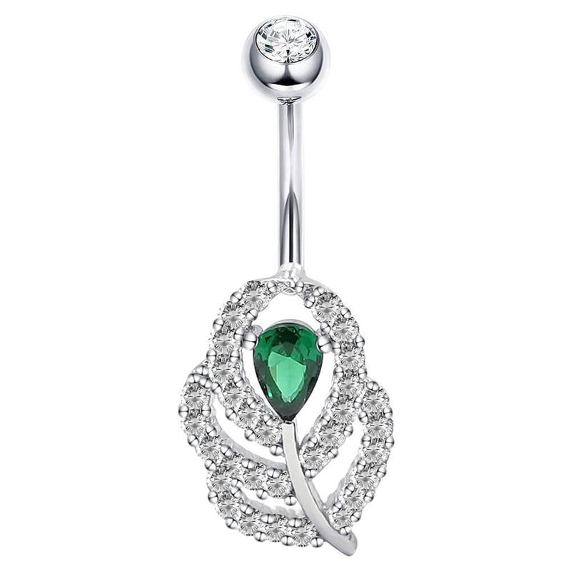 Arardo Sterling Silver Belly Button Rings, Real 925 Sterling Silver, Green Leaf CZ Belly Piercing Jewelry, 14G Sterling Silver Navel Piercing Rings