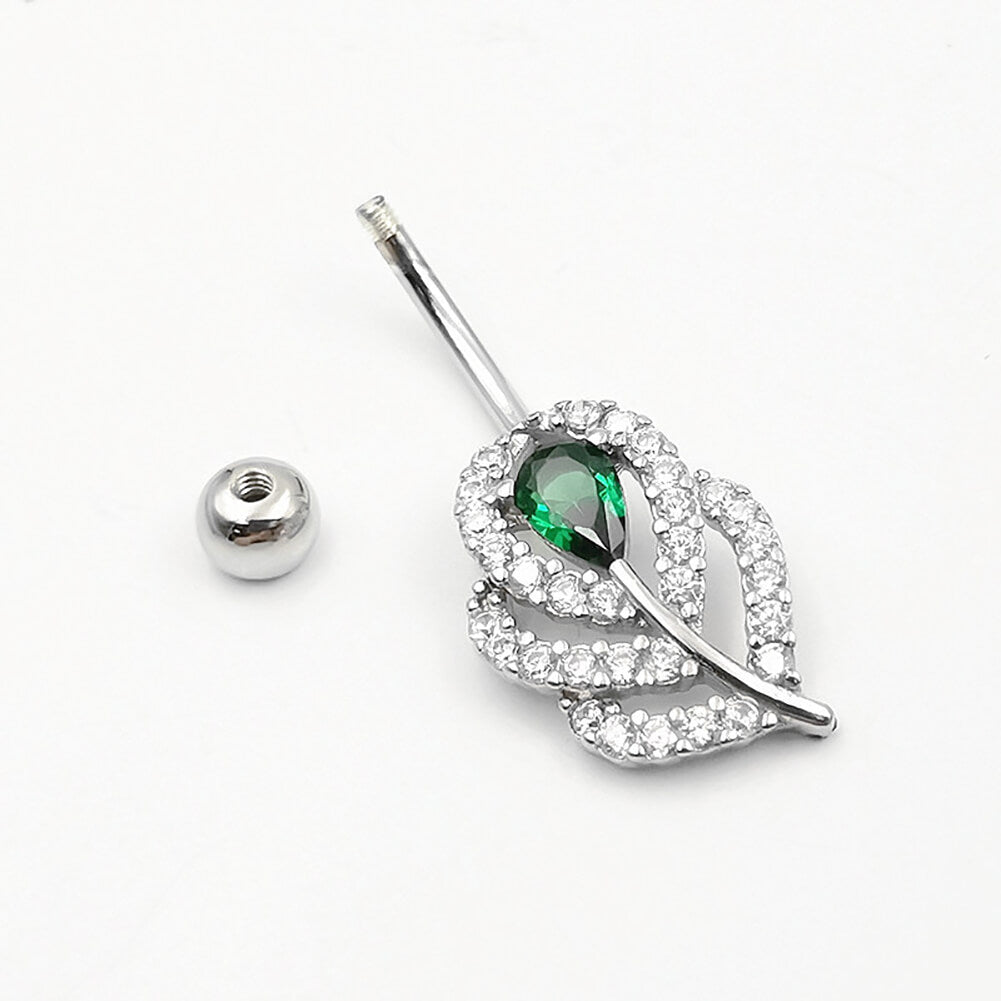 Arardo Sterling Silver Belly Button Rings, Real 925 Sterling Silver, Green Leaf CZ Belly Piercing Jewelry, 14G Sterling Silver Navel Piercing Rings