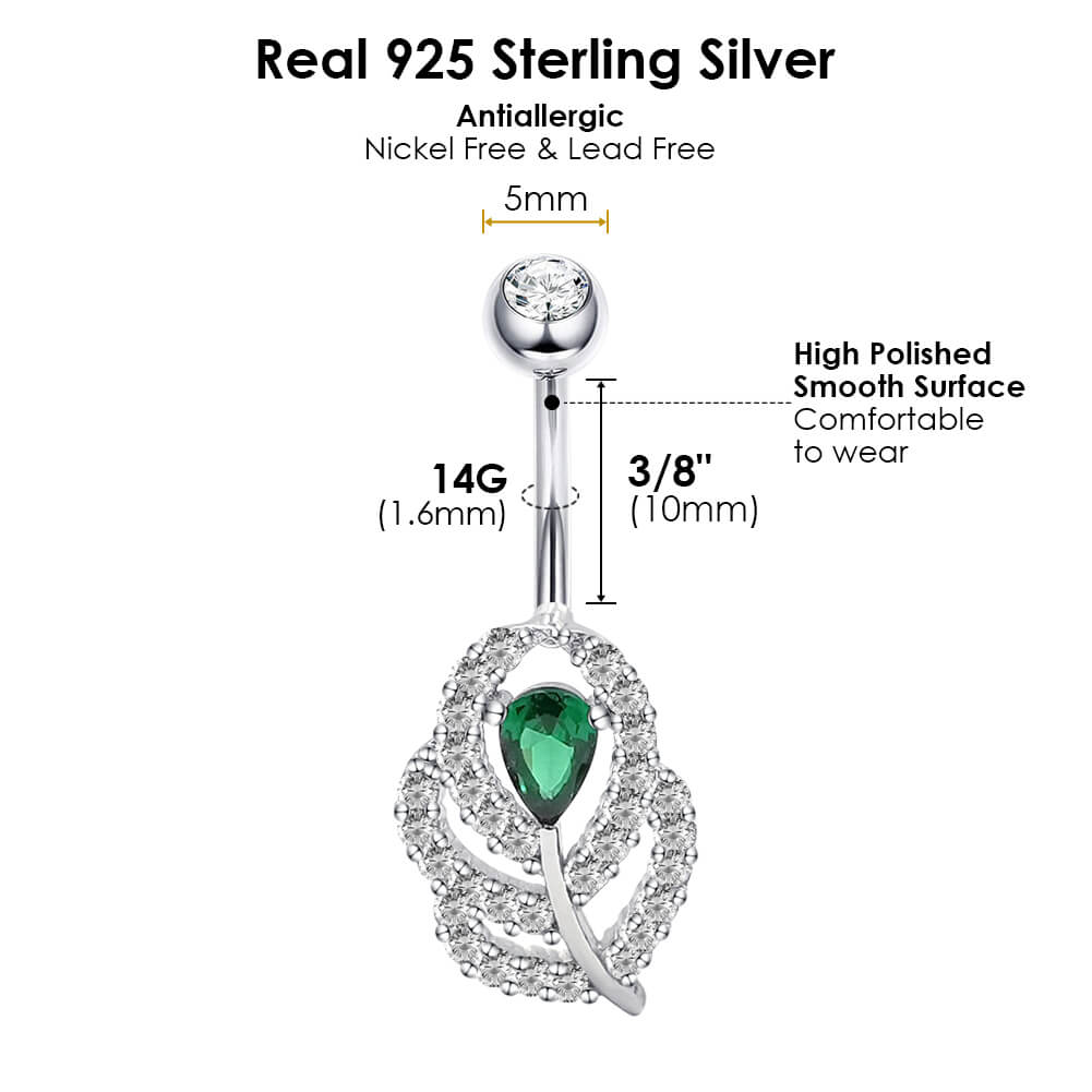 Arardo Sterling Silver Belly Button Rings, Real 925 Sterling Silver, Green Leaf CZ Belly Piercing Jewelry, 14G Sterling Silver Navel Piercing Rings