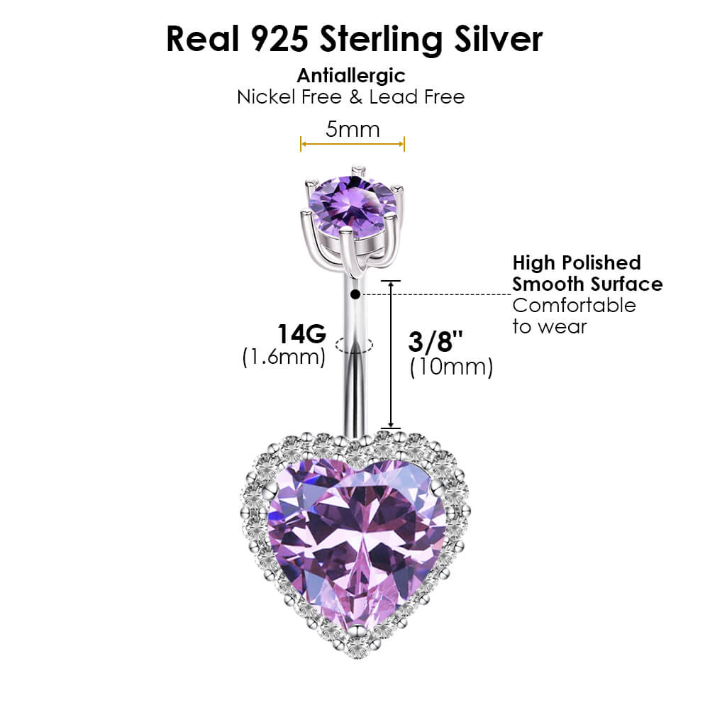 Arardo Sterling Silver Belly Button Rings, Real 925 Sterling Silver, Purple Heart CZ Belly Piercing Jewelry, 14G Sterling Silver Navel Piercing Rings