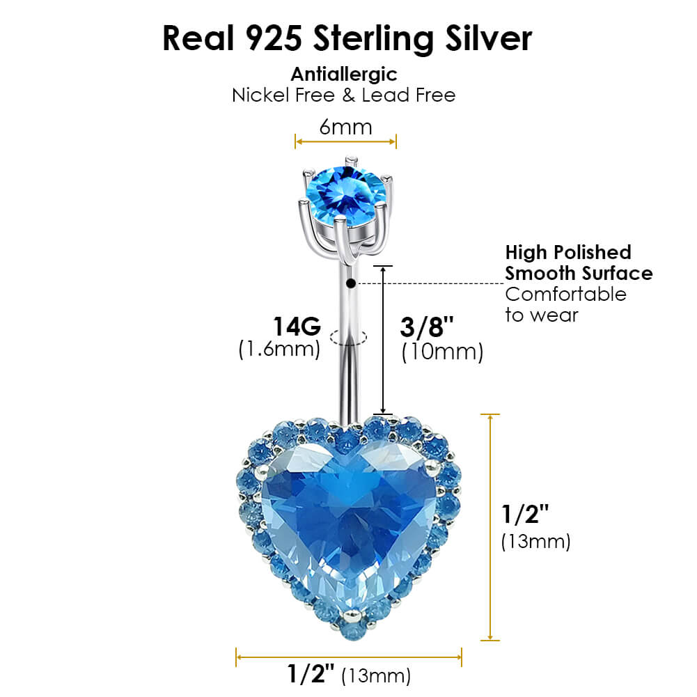 Arardo Sterling Silver Belly Button Rings, Real 925 Sterling Silver, Blue Heart CZ Belly Piercing Jewelry, 14G Sterling Silver Navel Piercing Rings