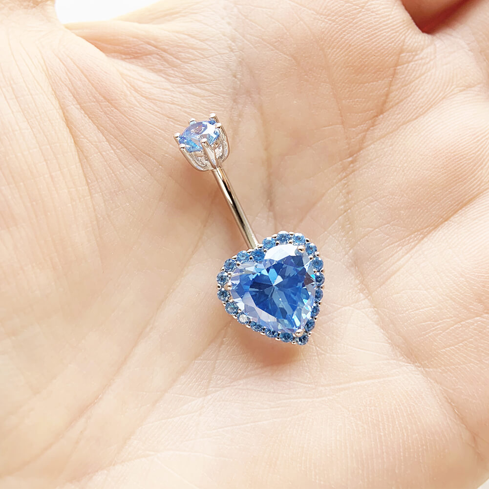 Arardo Sterling Silver Belly Button Rings, Real 925 Sterling Silver, Blue Heart CZ Belly Piercing Jewelry, 14G Sterling Silver Navel Piercing Rings
