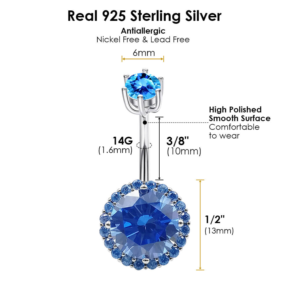 Arardo Sterling Silver Belly Button Rings, Real 925 Sterling Silver, Blue Circular CZ Belly Piercing Jewelry, 14G Sterling Silver Navel Piercing Rings