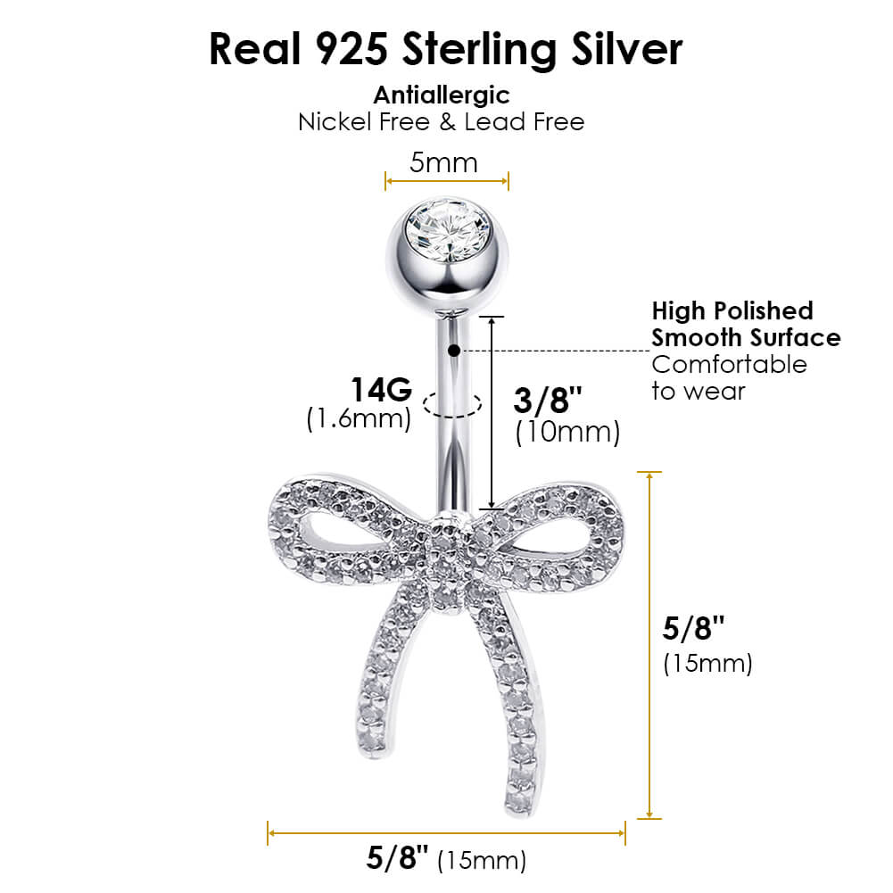 Arardo Sterling Silver Belly Button Rings, Real 925 Sterling Silver, Bow CZ Belly Piercing Jewelry, 14G Sterling Silver Navel Piercing Rings