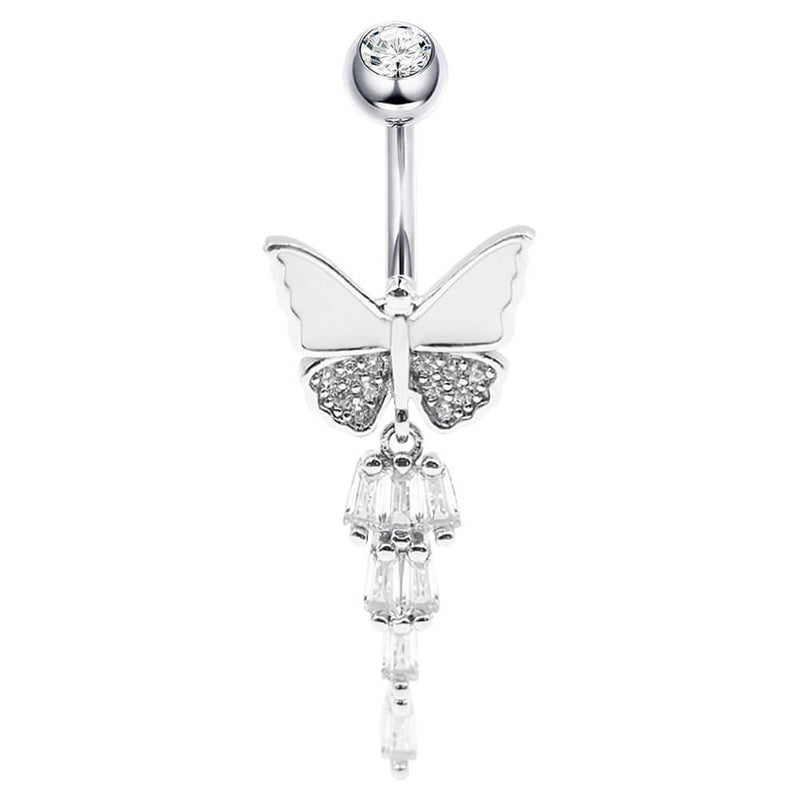 Arardo Sterling Silver Dangle Belly Button Rings, Real 925 Sterling Silver Belly Rings, 14G Long Dangle Butterfly White,Sterling Silver Navel Piercing Rings