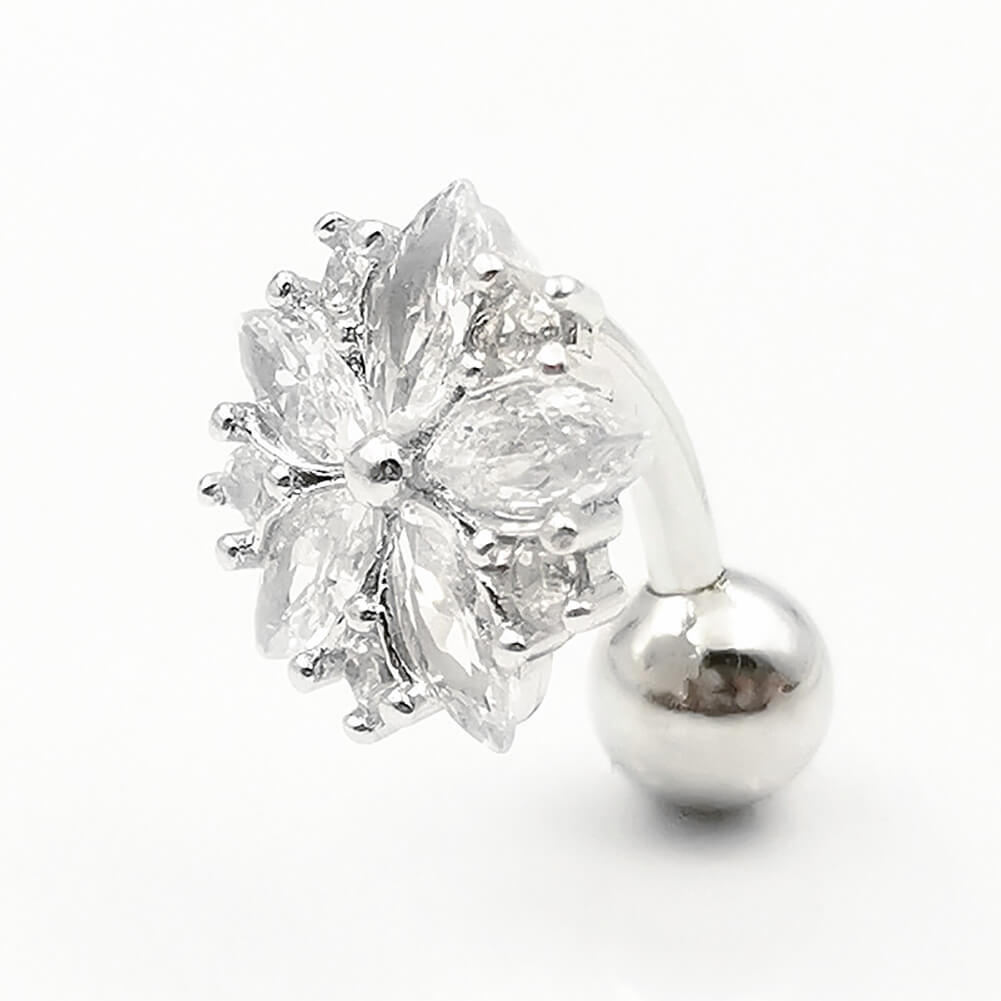 Arardo Sterling Silver Belly Button Rings, Real 925 Sterling Silver, Top Down Reverse Flower CZ Belly Piercing Jewelry, 14G Sterling Silver Navel Piercing Rings