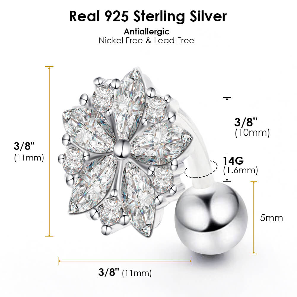 Arardo Sterling Silver Belly Button Rings, Real 925 Sterling Silver, Top Down Reverse Flower CZ Belly Piercing Jewelry, 14G Sterling Silver Navel Piercing Rings